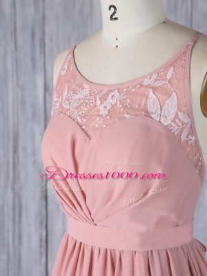 Inexpensive Floor Length Pink Bridesmaid Gown Scoop Sleeveless Criss Cross