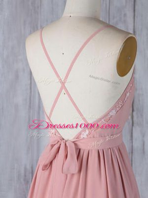 Inexpensive Floor Length Pink Bridesmaid Gown Scoop Sleeveless Criss Cross