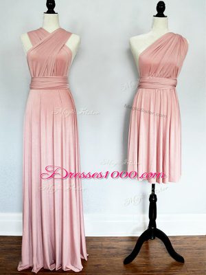 Custom Fit Sleeveless Floor Length Ruching Lace Up Damas Dress with Pink