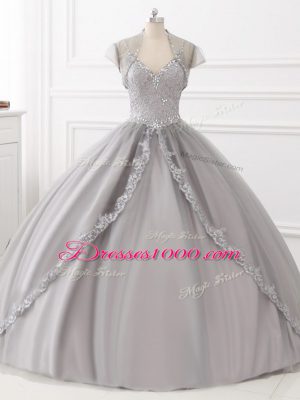 Great Straps Sleeveless Ball Gown Prom Dress Floor Length Beading and Appliques Grey Tulle