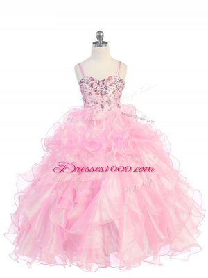 Ball Gowns Little Girl Pageant Dress Baby Pink Spaghetti Straps Organza Sleeveless Floor Length Lace Up