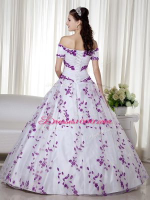 Fancy Off The Shoulder Short Sleeves Organza Quinceanera Dresses Embroidery Lace Up