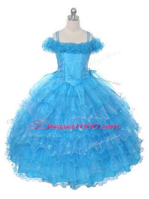 Modern Floor Length Lace Up Kids Formal Wear Baby Blue for Wedding Party with Ruffles and Ruffled Layers