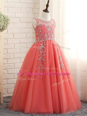 Glorious Beading Kids Pageant Dress Watermelon Red Zipper Sleeveless Floor Length