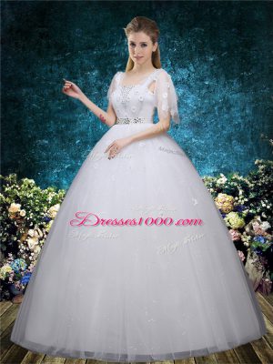 Unique Floor Length White Wedding Dresses Tulle Short Sleeves Beading and Appliques