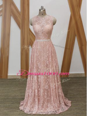 Clearance Pink Empire Chiffon and Lace Scoop Sleeveless Beading Floor Length Zipper Runway Inspired Dress Brush Train