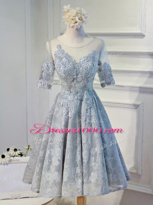Artistic Half Sleeves Organza Knee Length Lace Up Homecoming Dress in Grey with Lace and Appliques