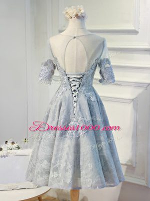 Artistic Half Sleeves Organza Knee Length Lace Up Homecoming Dress in Grey with Lace and Appliques