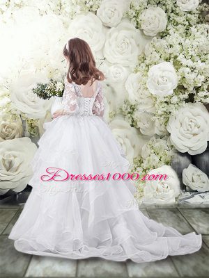 Clearance White Flower Girl Dress Tulle Brush Train Half Sleeves Lace and Ruffles