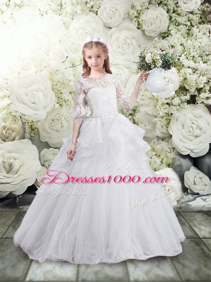 Clearance White Flower Girl Dress Tulle Brush Train Half Sleeves Lace and Ruffles