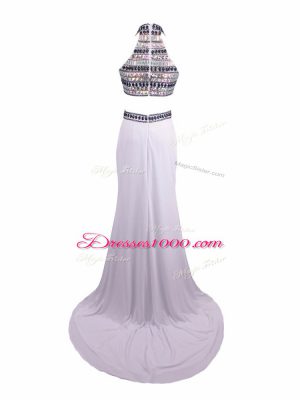 Glittering White Zipper Halter Top Beading Chiffon Sleeveless Brush Train