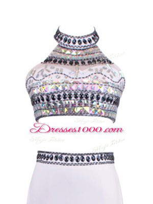 Glittering White Zipper Halter Top Beading Chiffon Sleeveless Brush Train