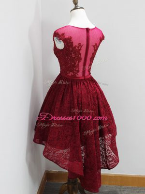 Wine Red Zipper Quinceanera Dama Dress Beading and Lace Cap Sleeves High Low