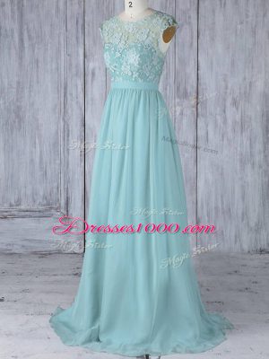 Chiffon Scoop Cap Sleeves Sweep Train Backless Lace Bridesmaids Dress in Aqua Blue