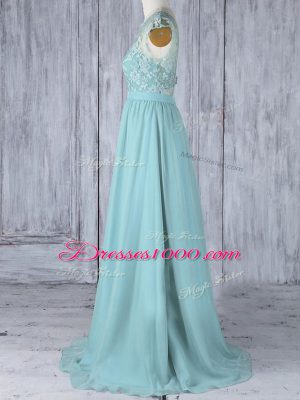 Chiffon Scoop Cap Sleeves Sweep Train Backless Lace Bridesmaids Dress in Aqua Blue