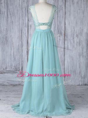 Chiffon Scoop Cap Sleeves Sweep Train Backless Lace Bridesmaids Dress in Aqua Blue
