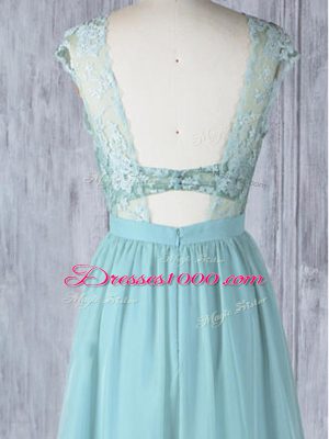 Chiffon Scoop Cap Sleeves Sweep Train Backless Lace Bridesmaids Dress in Aqua Blue