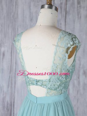 Chiffon Scoop Cap Sleeves Sweep Train Backless Lace Bridesmaids Dress in Aqua Blue