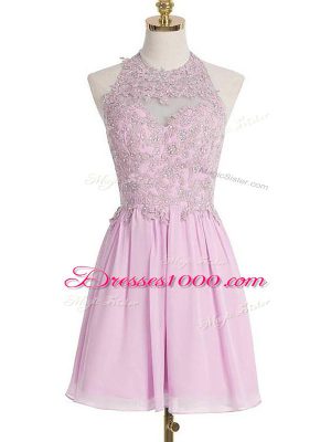 Admirable Chiffon Halter Top Sleeveless Lace Up Appliques Bridesmaid Dresses in Lilac