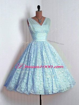 Colorful Baby Blue V-neck Neckline Lace Bridesmaid Gown Sleeveless Lace Up