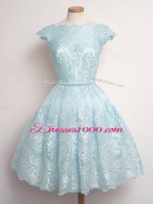 Knee Length Light Blue Wedding Party Dress Scalloped Cap Sleeves Lace Up