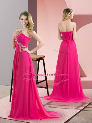 Spectacular Hot Pink Lace Up Sweetheart Beading Celebrity Evening Dresses Chiffon Sleeveless