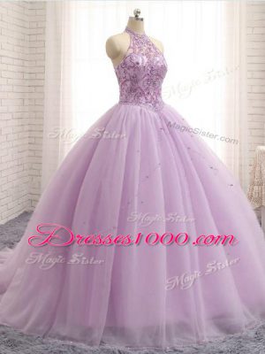 Lilac Lace Up 15 Quinceanera Dress Beading Sleeveless Brush Train