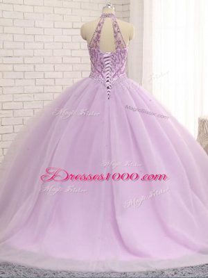 Lilac Lace Up 15 Quinceanera Dress Beading Sleeveless Brush Train