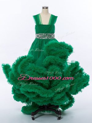 Dark Green A-line Straps Sleeveless Tulle High Low Lace Up Beading and Hand Made Flower Kids Pageant Dress