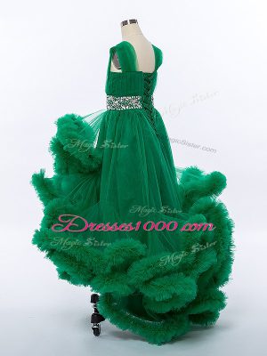 Dark Green A-line Straps Sleeveless Tulle High Low Lace Up Beading and Hand Made Flower Kids Pageant Dress