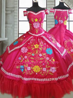 Hot Pink Short Sleeves Floor Length Beading and Embroidery Lace Up Ball Gown Prom Dress