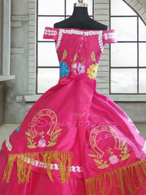 Hot Pink Short Sleeves Floor Length Beading and Embroidery Lace Up Ball Gown Prom Dress