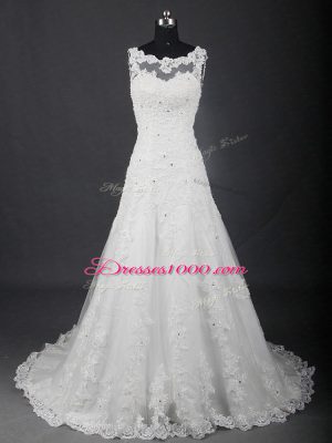 Romantic Lace Wedding Dress White Lace Up Sleeveless Brush Train