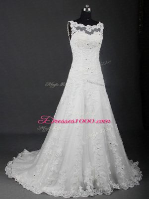 Romantic Lace Wedding Dress White Lace Up Sleeveless Brush Train