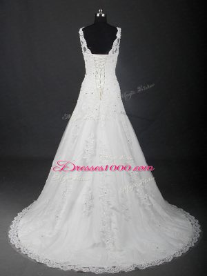 Romantic Lace Wedding Dress White Lace Up Sleeveless Brush Train