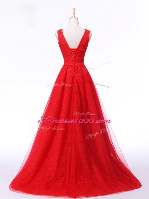 Tulle Sleeveless Evening Dresses Brush Train and Lace and Appliques and Belt