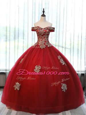 Off The Shoulder Sleeveless 15th Birthday Dress Floor Length Beading and Appliques Wine Red Tulle