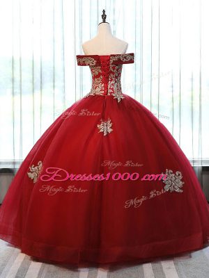 Off The Shoulder Sleeveless 15th Birthday Dress Floor Length Beading and Appliques Wine Red Tulle