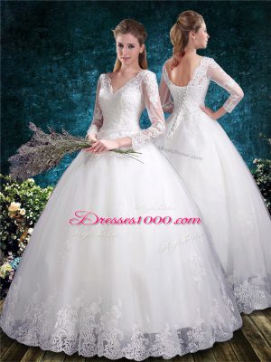 Low Price V-neck Half Sleeves Lace Up Quinceanera Dress White Tulle