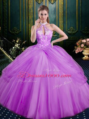Floor Length Lilac Quinceanera Dress Halter Top Sleeveless Lace Up