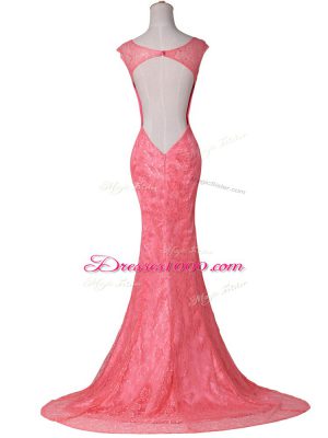 Dazzling Watermelon Red Cap Sleeves Brush Train Lace Homecoming Dress