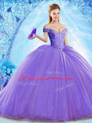 Pretty Lavender Ball Gown Prom Dress Off The Shoulder Sleeveless Brush Train Lace Up