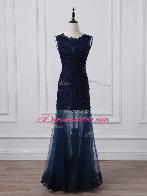 Navy Blue Lace Up Scoop Lace and Appliques Mother of the Bride Dress Tulle Sleeveless