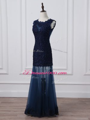 Navy Blue Lace Up Scoop Lace and Appliques Mother of the Bride Dress Tulle Sleeveless