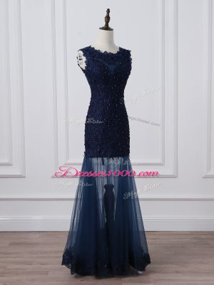 Navy Blue Lace Up Scoop Lace and Appliques Mother of the Bride Dress Tulle Sleeveless