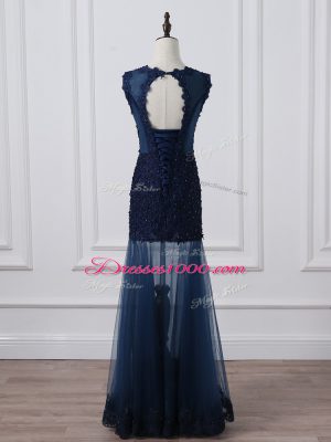 Navy Blue Lace Up Scoop Lace and Appliques Mother of the Bride Dress Tulle Sleeveless