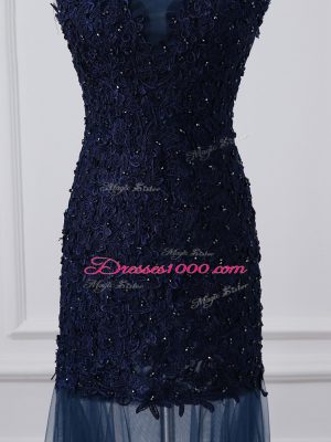 Navy Blue Lace Up Scoop Lace and Appliques Mother of the Bride Dress Tulle Sleeveless