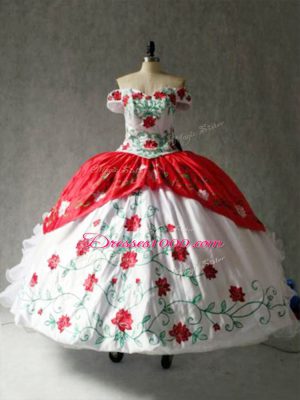Custom Design White And Red Ball Gowns Organza and Taffeta Off The Shoulder Cap Sleeves Embroidery and Ruffles Floor Length Lace Up Quinceanera Gowns
