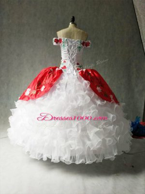 Custom Design White And Red Ball Gowns Organza and Taffeta Off The Shoulder Cap Sleeves Embroidery and Ruffles Floor Length Lace Up Quinceanera Gowns