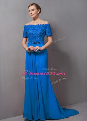 Stunning Blue Empire Chiffon Off The Shoulder Short Sleeves Lace Zipper Mother of Bride Dresses Sweep Train